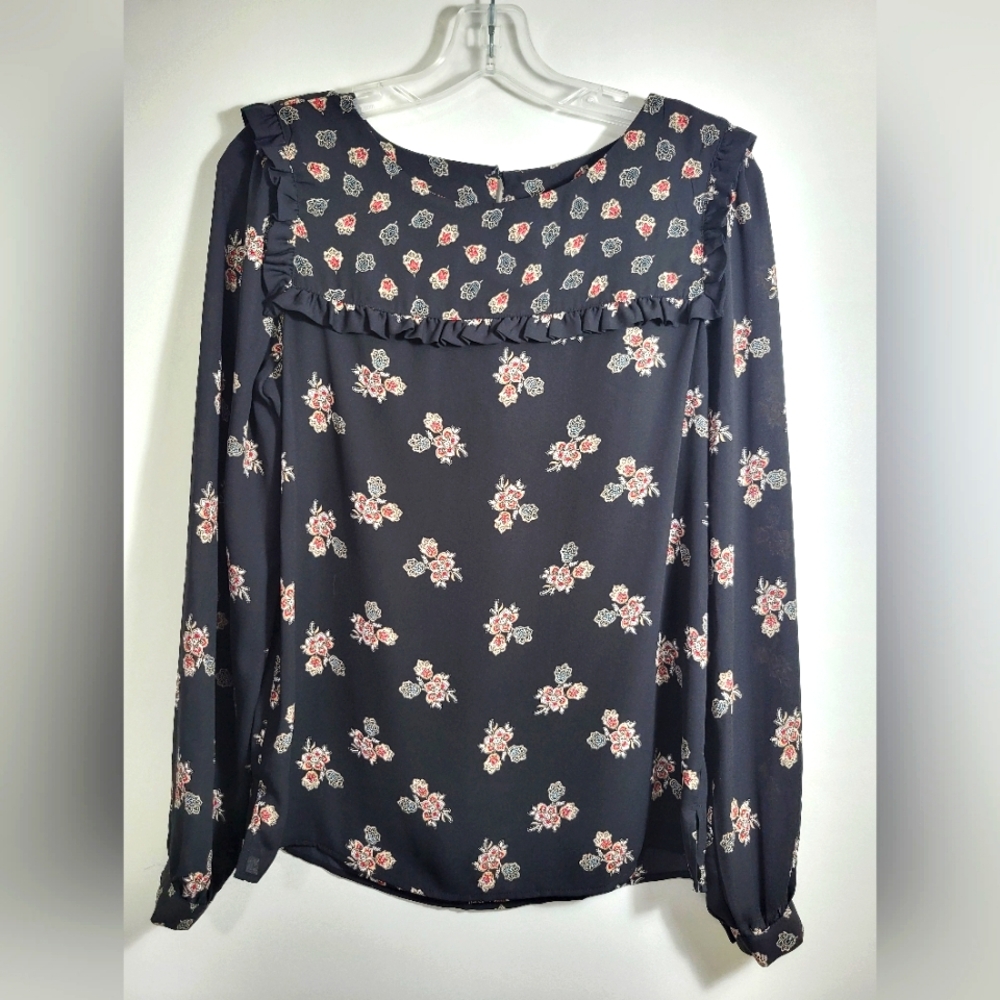 LOFT black w/floral print blouse women's S #2315